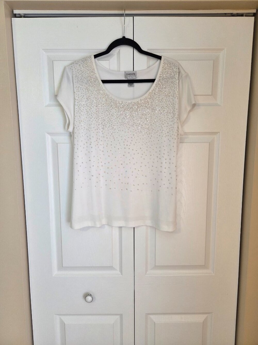 Chicos Traveler Ivory White Ombre Sequin Short Sleeve Blouse Size 3/XL/16